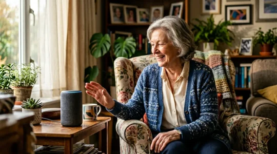 Elderly person interacting naturally with smart home technology in a warm, comfortable living space