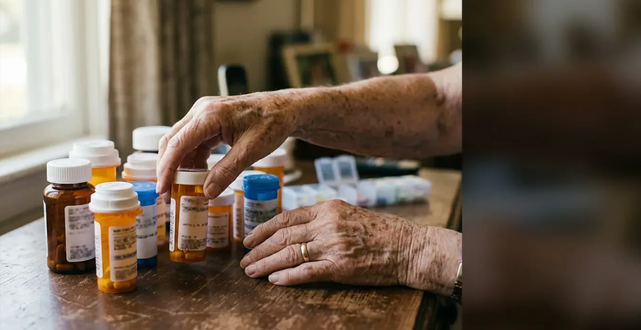 Elderly hands surrounded by numerous prescription medication bottles creating visual complexity and confusion