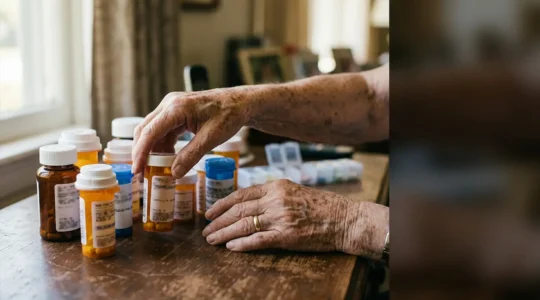Elderly hands surrounded by numerous prescription medication bottles creating visual complexity and confusion