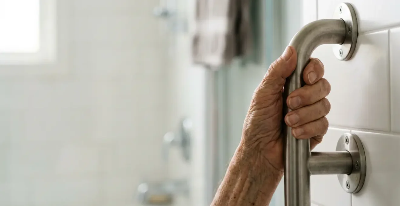 Senior person safely using a grab rail installed on bathroom wall for support and balance