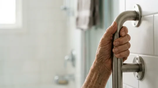 Senior person safely using a grab rail installed on bathroom wall for support and balance