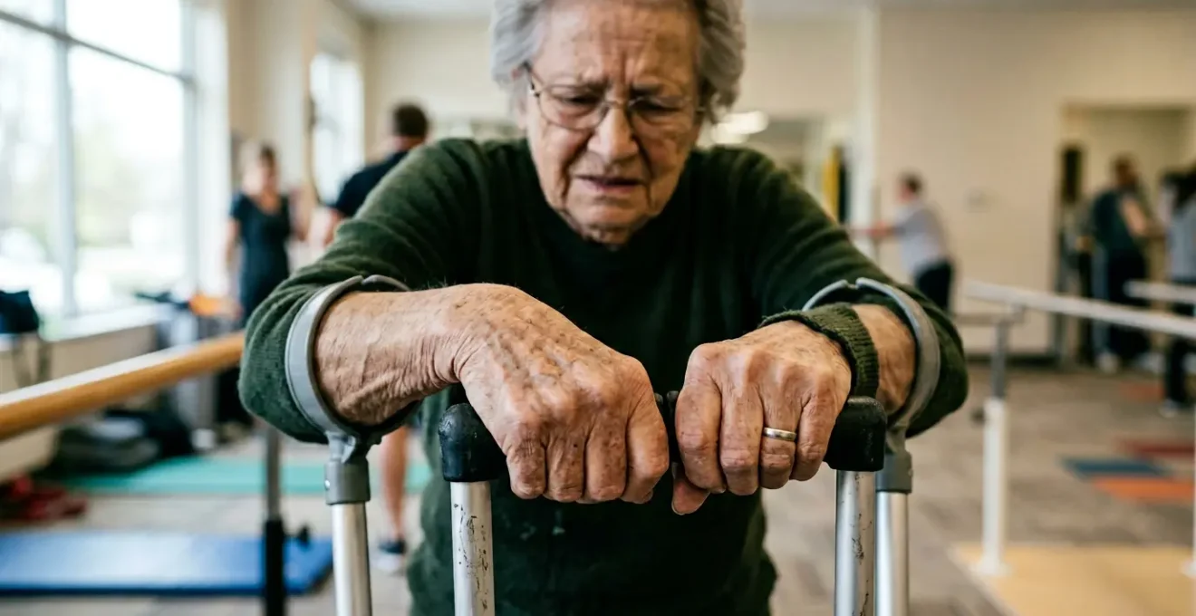 Senior using forearm crutches experiencing wrist pain and discomfort while walking