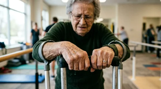 Senior using forearm crutches experiencing wrist pain and discomfort while walking