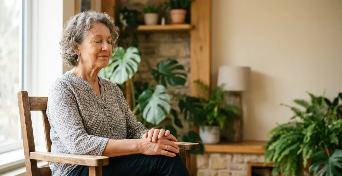 Senior woman practicing gentle chair yoga in a bright, serene home environment