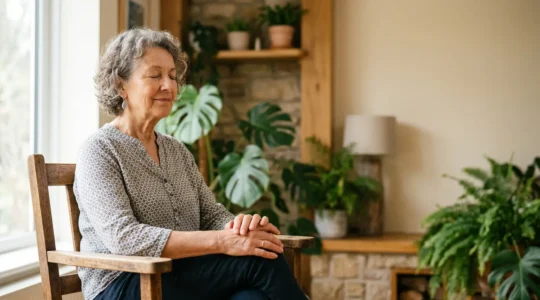Senior woman practicing gentle chair yoga in a bright, serene home environment