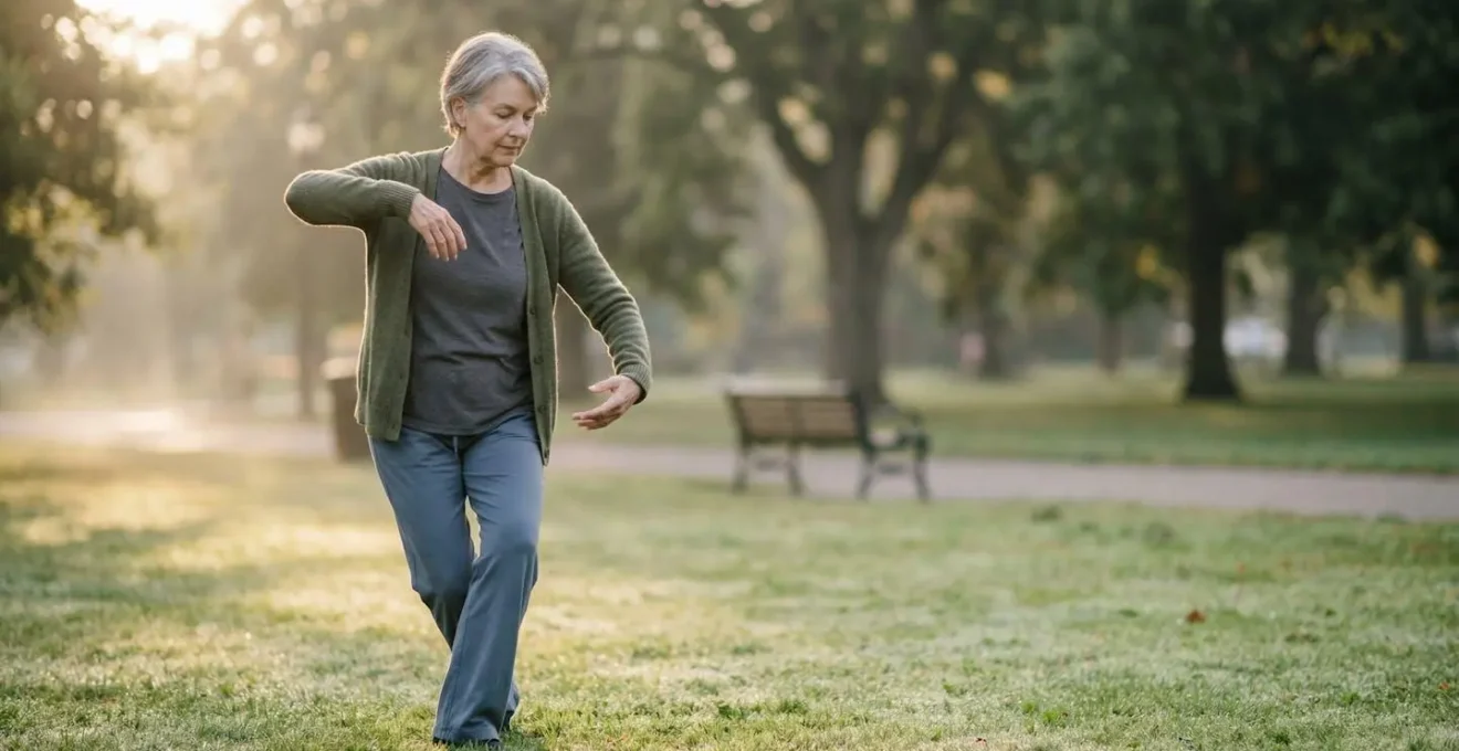 Senior adult practicing Tai Chi in peaceful outdoor setting with focused expression