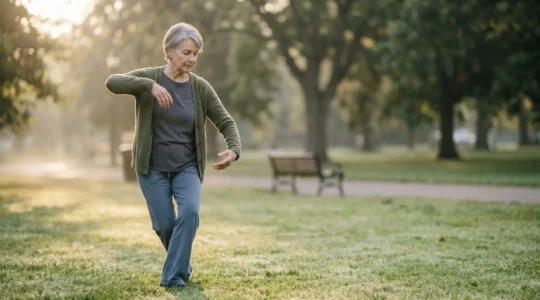Senior adult practicing Tai Chi in peaceful outdoor setting with focused expression