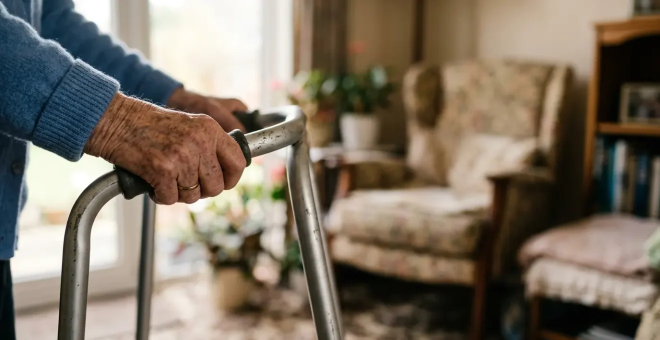 Elderly person's hands resting on walking frame in dimly lit home environment symbolizing home care challenges