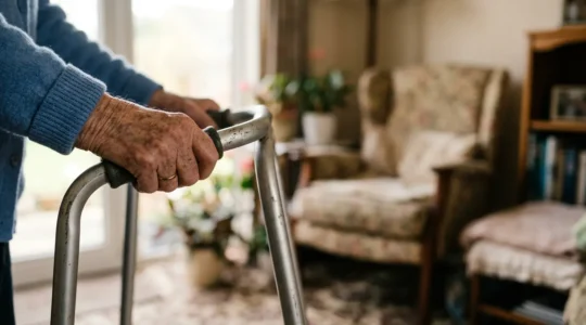 Elderly person's hands resting on walking frame in dimly lit home environment symbolizing home care challenges