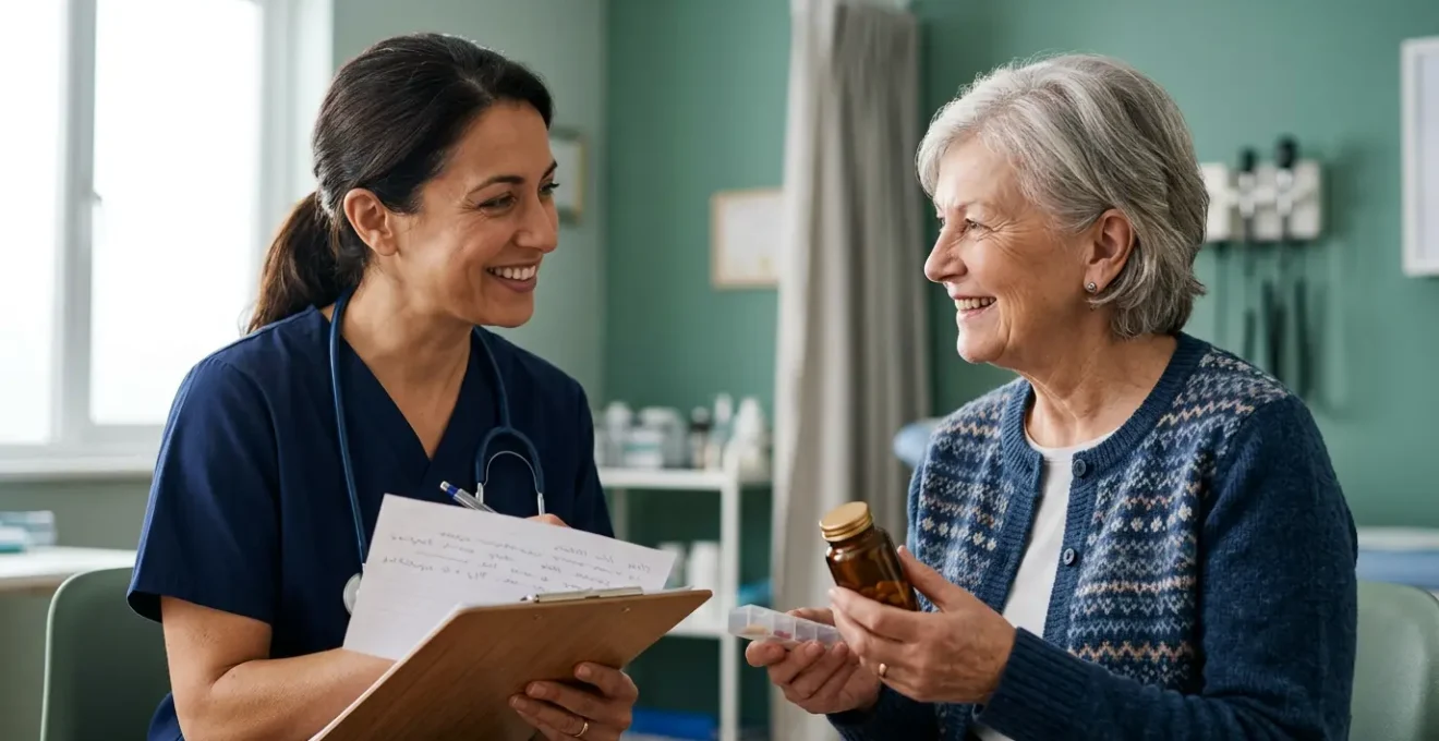 Senior patient having an open conversation with GP about complementary therapies in a UK medical practice