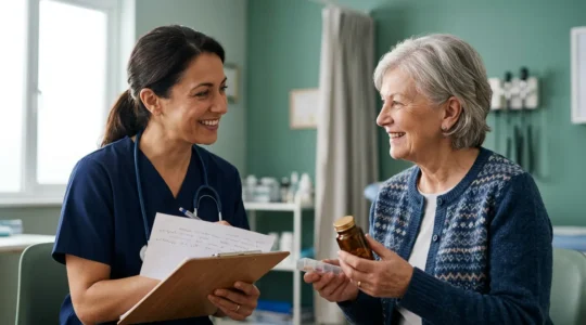 Senior patient having an open conversation with GP about complementary therapies in a UK medical practice