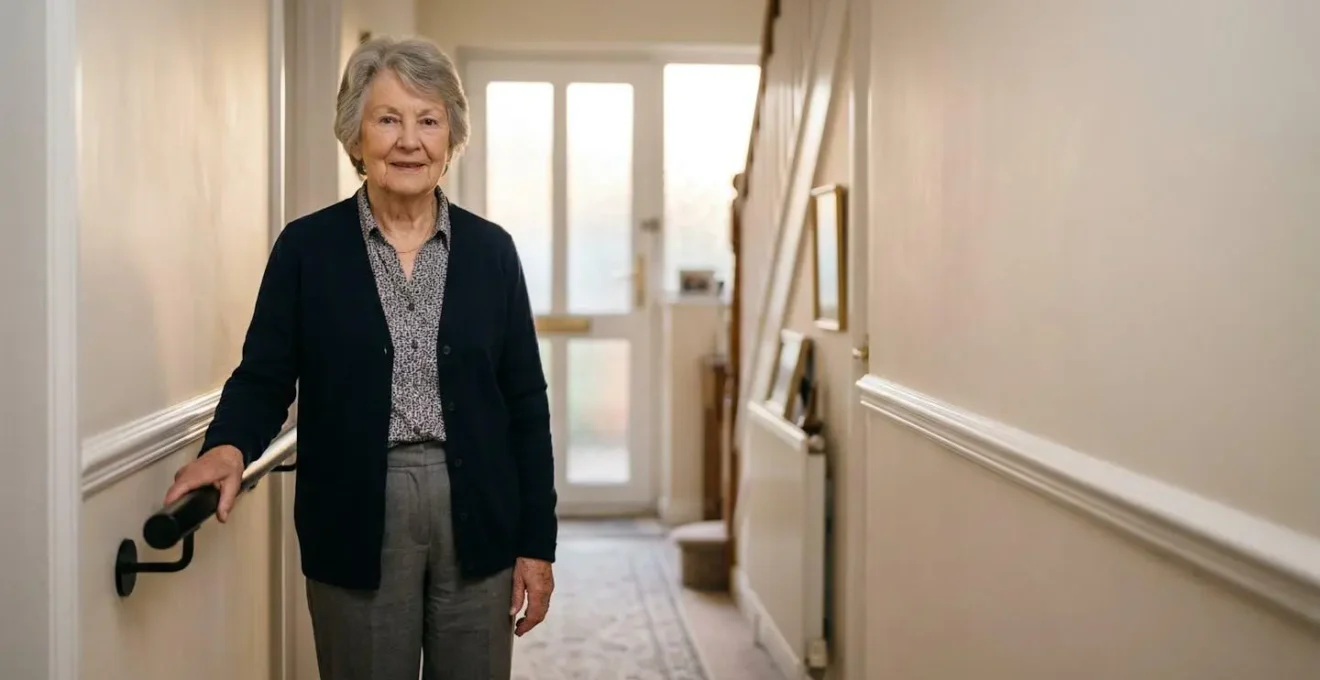 An elderly British person standing in their home hallway with subtle support features visible, representing aging in place