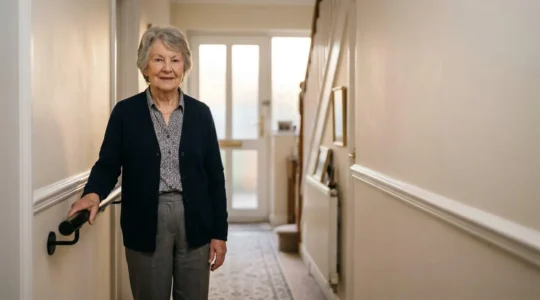 An elderly British person standing in their home hallway with subtle support features visible, representing aging in place