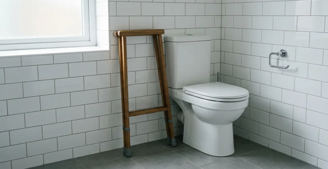 A modern UK bathroom showing a standard height toilet with medical mobility aids nearby, emphasizing accessibility challenges for post-surgical patients