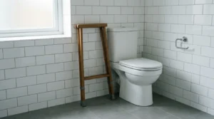 A modern UK bathroom showing a standard height toilet with medical mobility aids nearby, emphasizing accessibility challenges for post-surgical patients