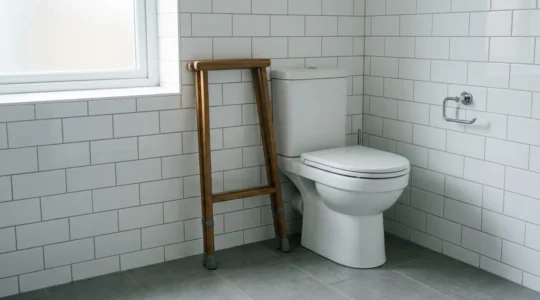 A modern UK bathroom showing a standard height toilet with medical mobility aids nearby, emphasizing accessibility challenges for post-surgical patients