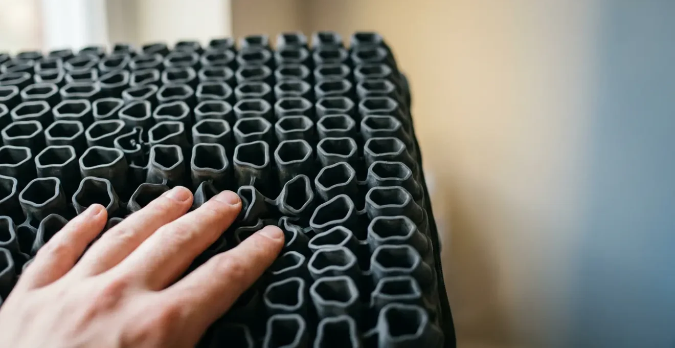 Close-up view of wheelchair seat cushion showing proper fitting and pressure distribution for elderly user safety