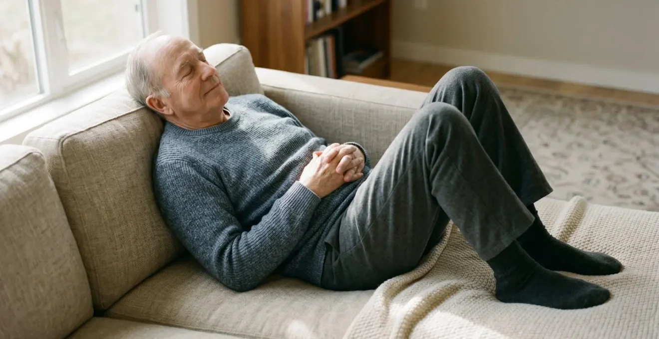 Gentle resting position demonstrating accessible breathwork practice for seniors with mobility limitations