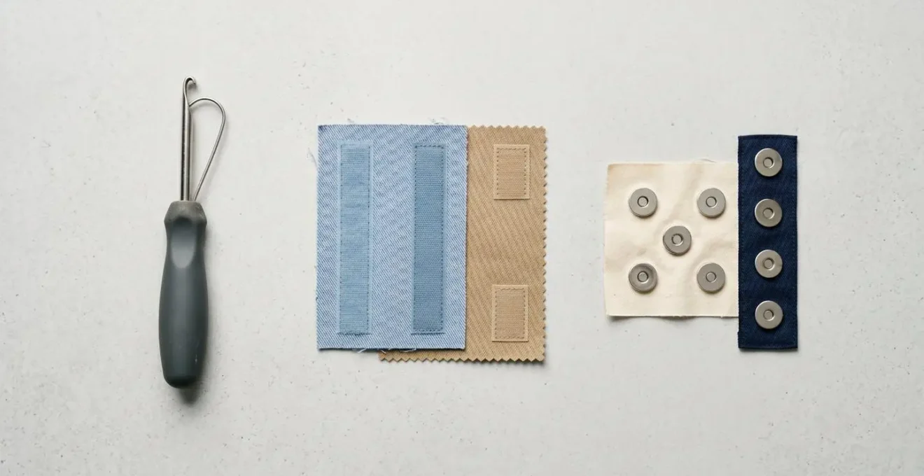 Array of adaptive dressing tools including button hook, velcro fasteners, and magnetic closures arranged on neutral background