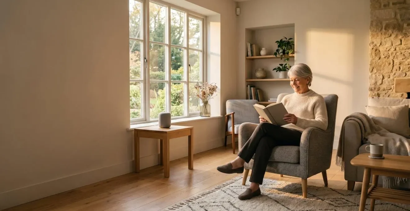 Wide view of senior living environment with subtle smart home technology integration
