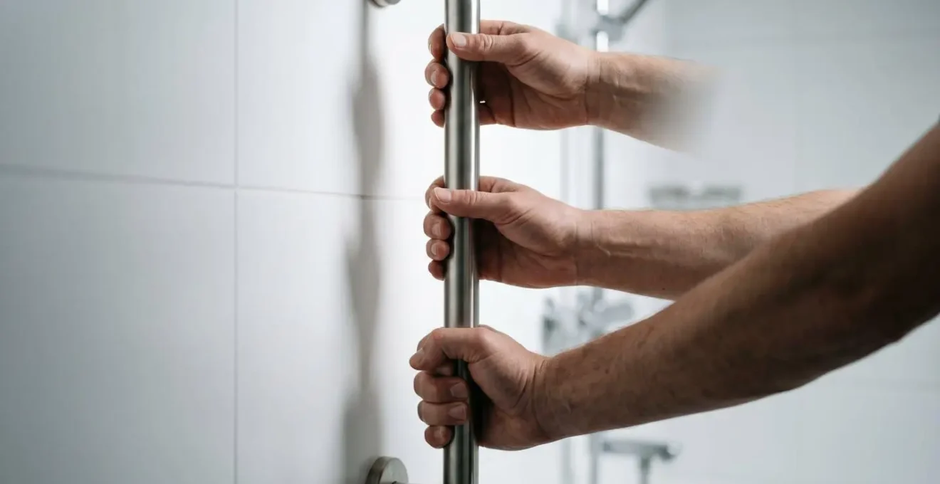 Visual representation of sit-to-stand toilet transfer showing proper body positioning and grab rail support