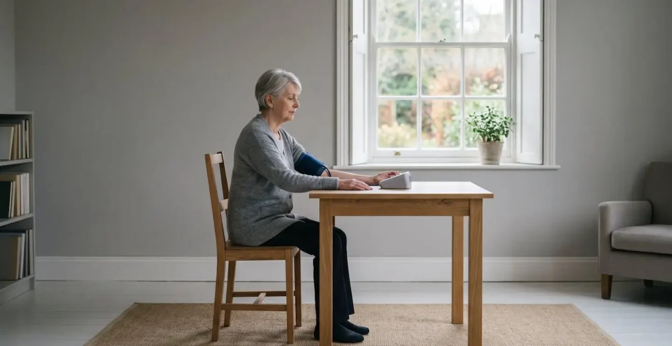 Senior conducting methodical blood pressure self-monitoring in calm British home environment with proper positioning