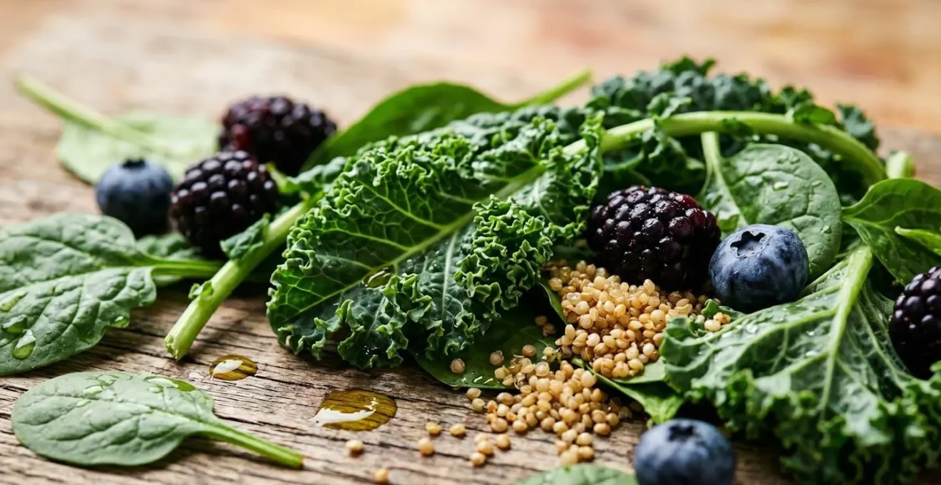 Close-up of colorful, nutrient-dense vegetables and whole grains arranged on a rustic surface representing MIND diet principles
