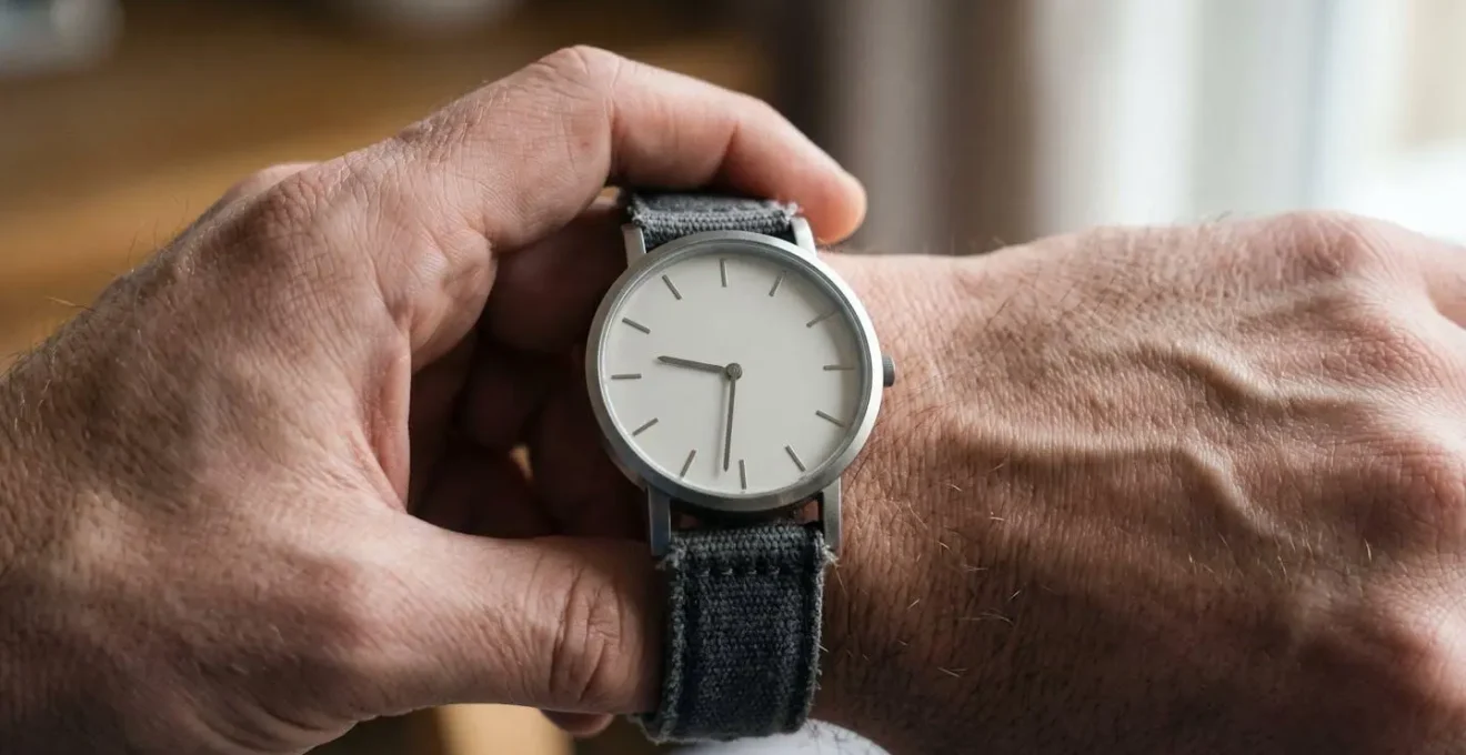 Close-up of care worker's hands checking wristwatch during home visit showing time constraints