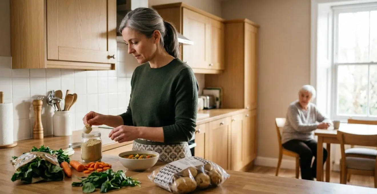 Adult caregiver preparing nutrient-enriched food in home kitchen for elderly family member