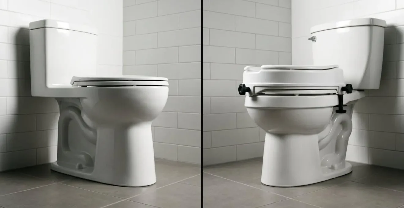 A symbolic comparison showing a solid, permanent comfort-height toilet next to a temporary plastic raised seat with visible clamps.