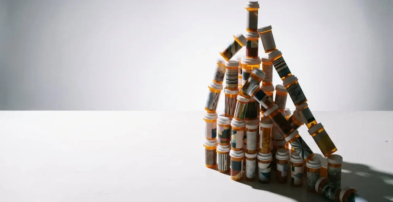 Abstract visual metaphor showing the overwhelming cognitive burden of managing multiple medications simultaneously