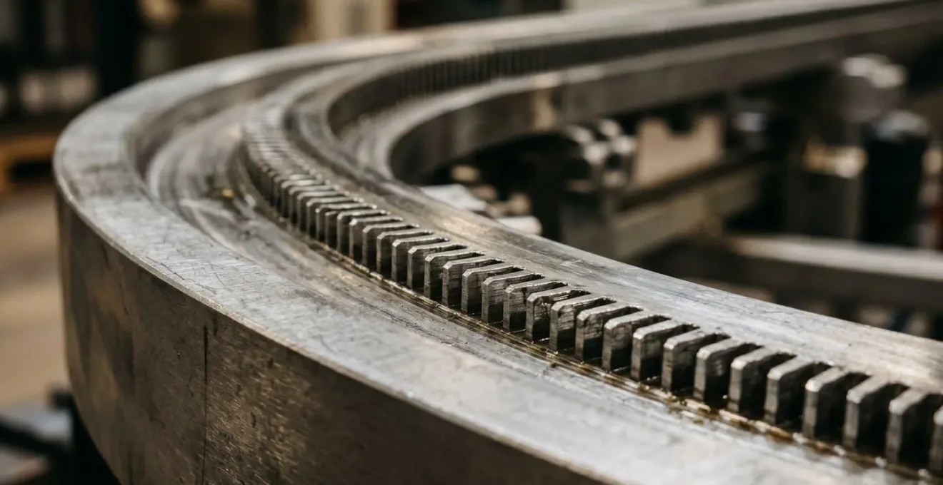 Close-up macro detail of a curved stairlift rail showing precision engineering and custom fabrication