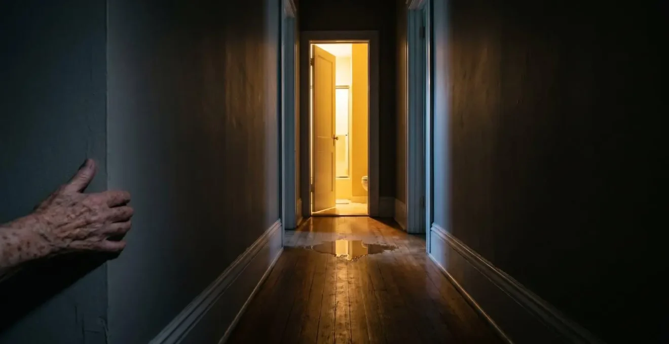 Wide environmental shot of dimly lit hallway transitioning to brightly lit bathroom entrance at night, showing dramatic light contrast and shadow patterns