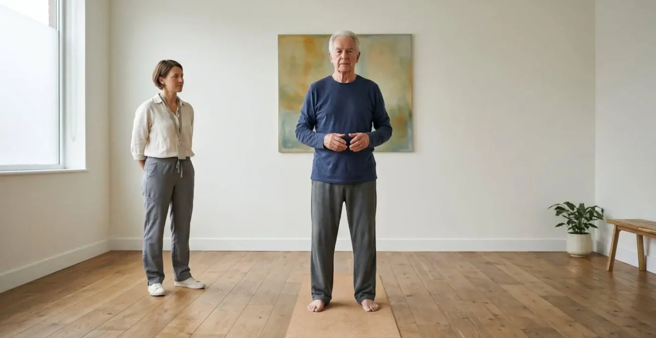 Geriatric osteopathy assessment showing gentle balance and mobility evaluation techniques