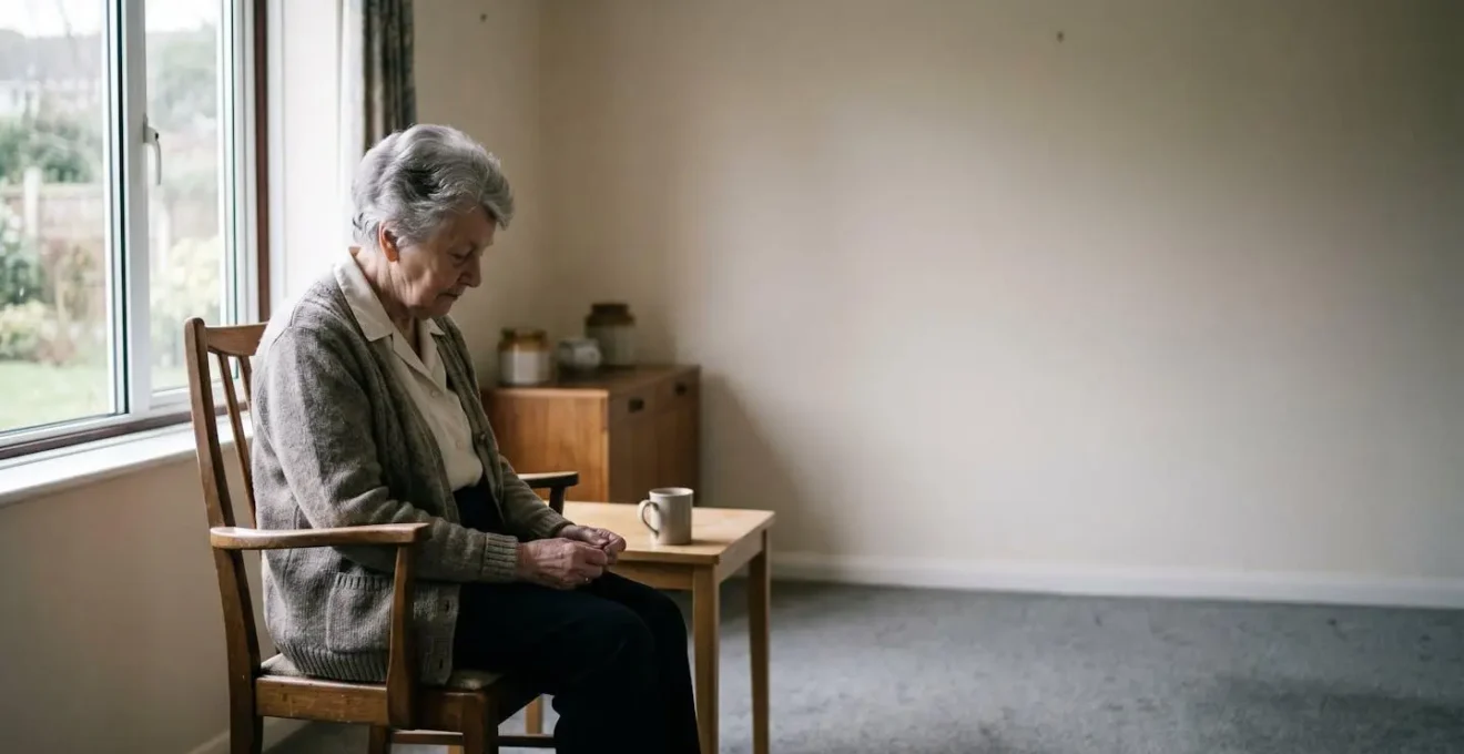 Elderly person sitting alone in subdued lighting, symbolizing social withdrawal and the need for early mental health intervention