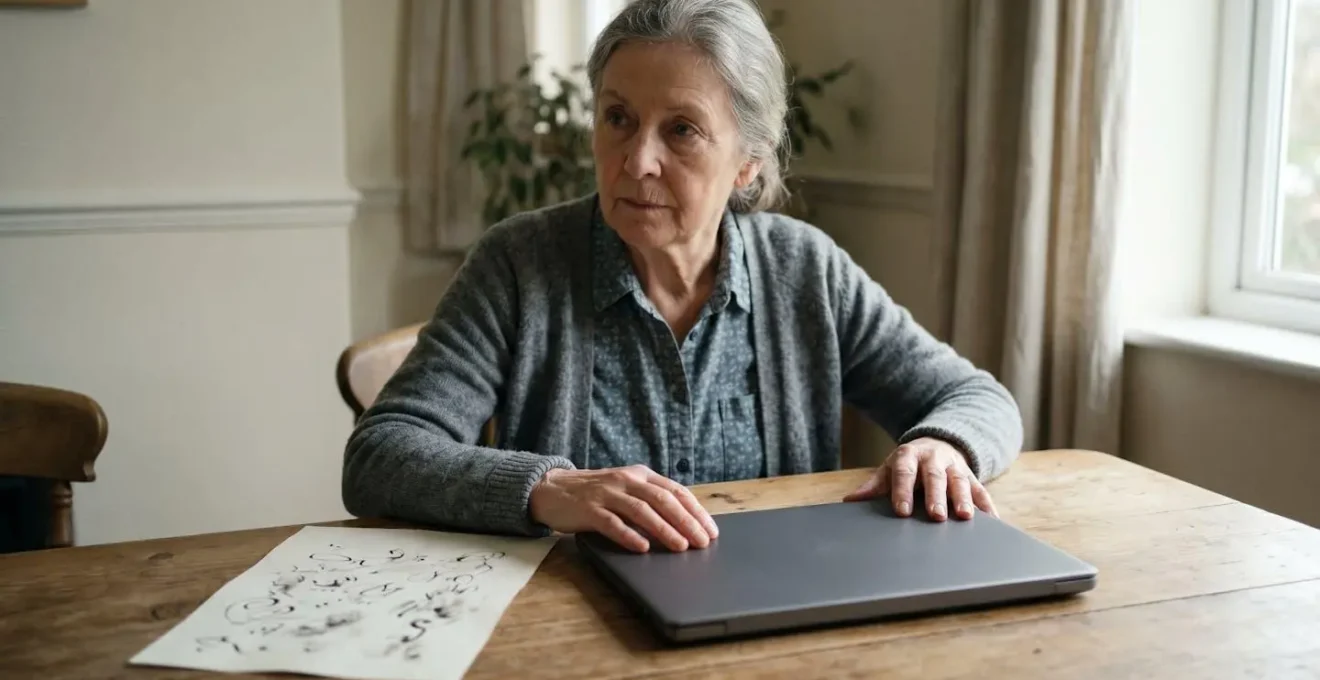 Senior person confidently using a laptop to complete mental health self-assessment, representing self-advocacy in accessing NHS Talking Therapies