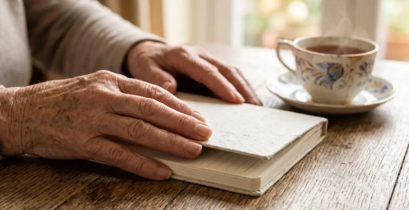 Close-up of senior hands holding unbranded wellness journal next to morning tea in British home setting