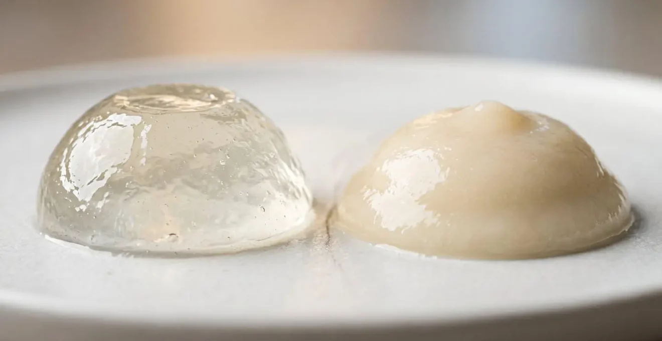 Extreme close-up macro view comparing textures of different gelling agents used in pureed food preparation