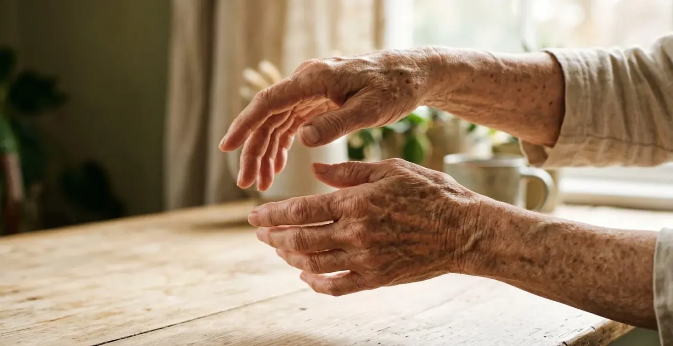 Senior's hands performing gentle wrist rotation warm-up exercise before Tai Chi practice