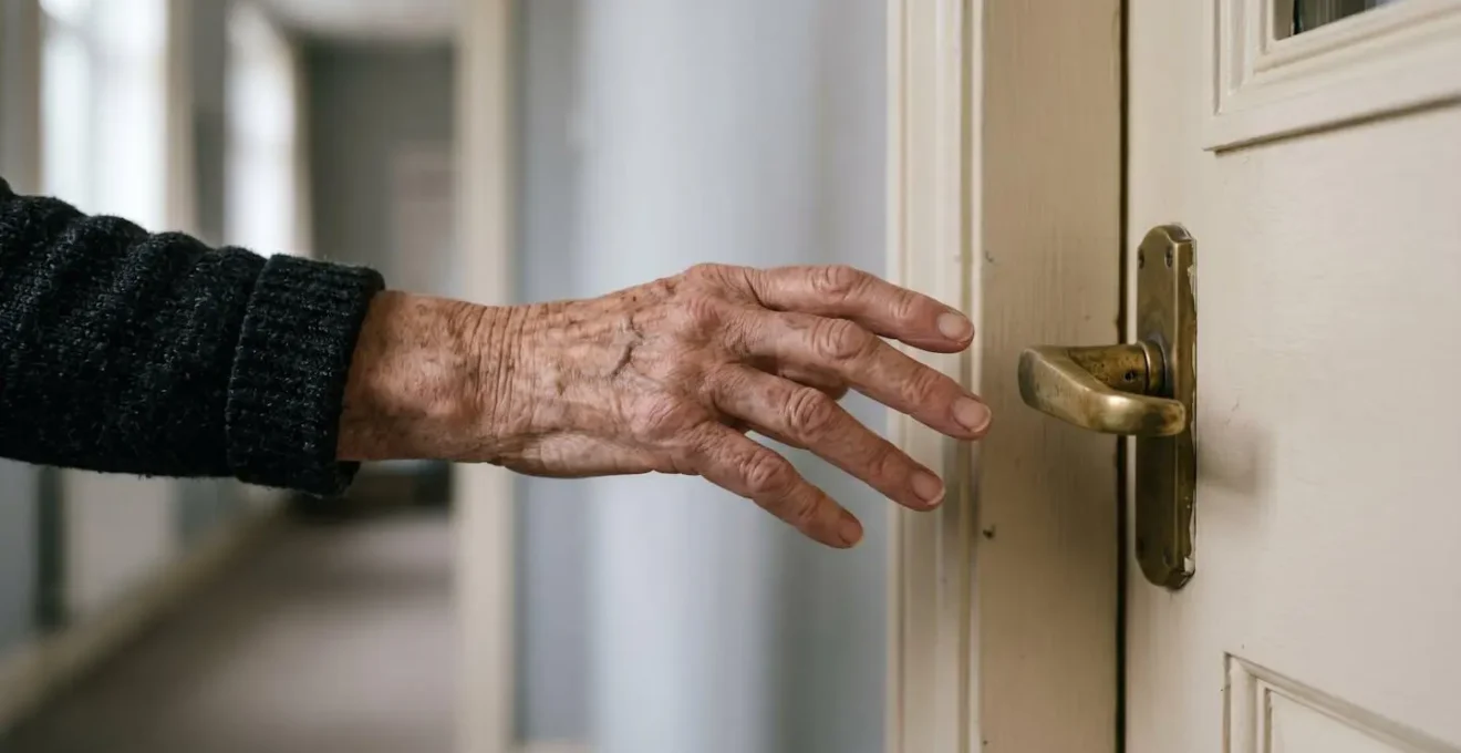 Close-up of an elderly hand gently reaching for a door handle, symbolizing the courage to take the first step into a support group