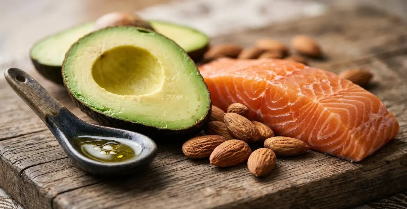 Close-up of nutrient-dense foods rich in healthy fats essential for vitamin absorption in seniors