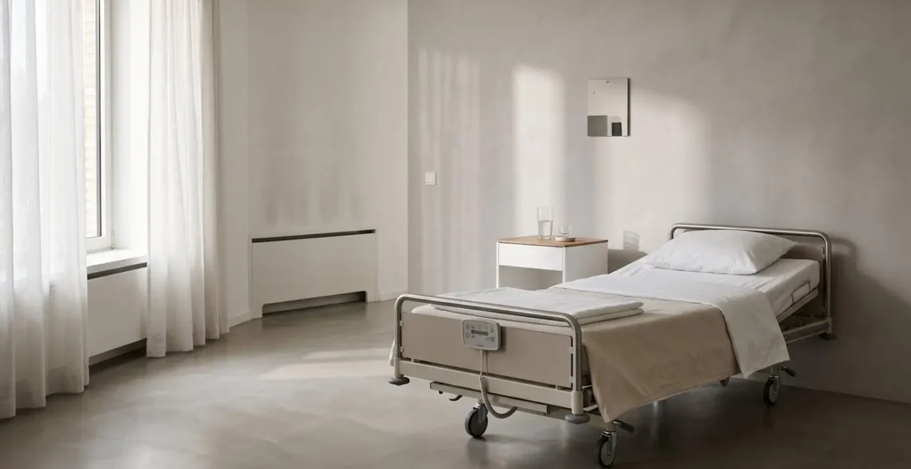 An empty hospital bed in a quiet room, symbolising the danger of prolonged bed rest and inactivity for seniors.