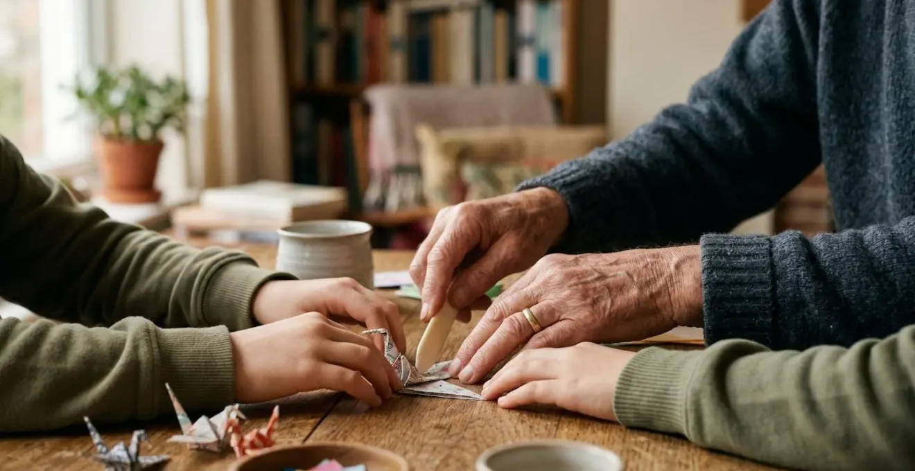 Intimate portrait capturing the emotional and cognitive connection between generations during a teaching moment