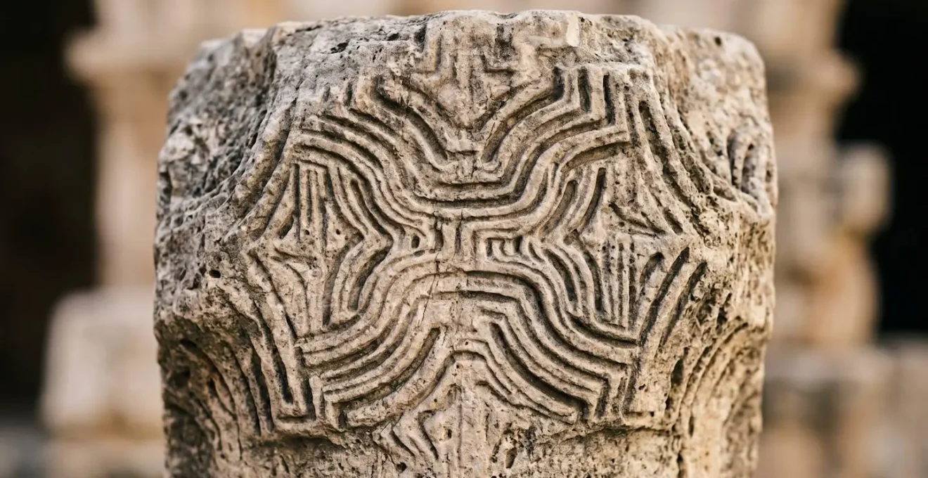 Close-up macro photograph capturing the textural details of an ancient architectural element symbolizing the Method of Loci memory technique