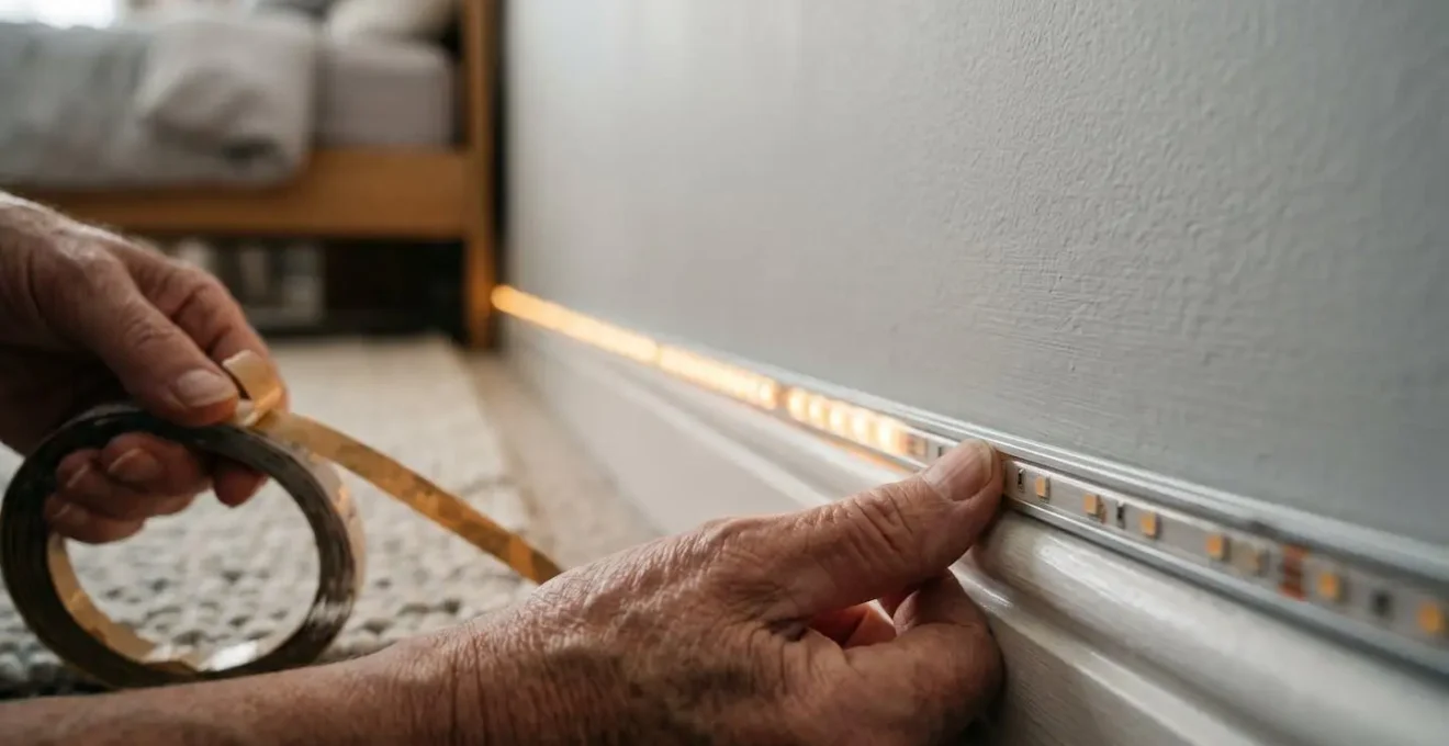 Close-up view of motion sensor LED strip being installed along bedroom baseboard with warm ambient glow