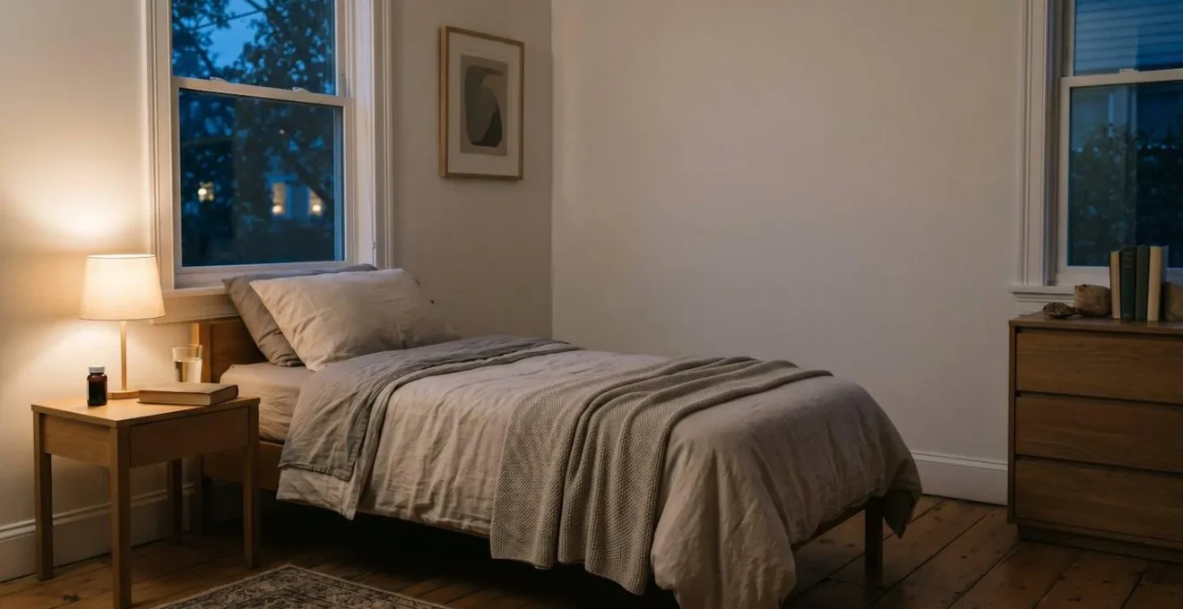 Peaceful bedroom at twilight with empty bed and soft ambient lighting suggesting a night care environment