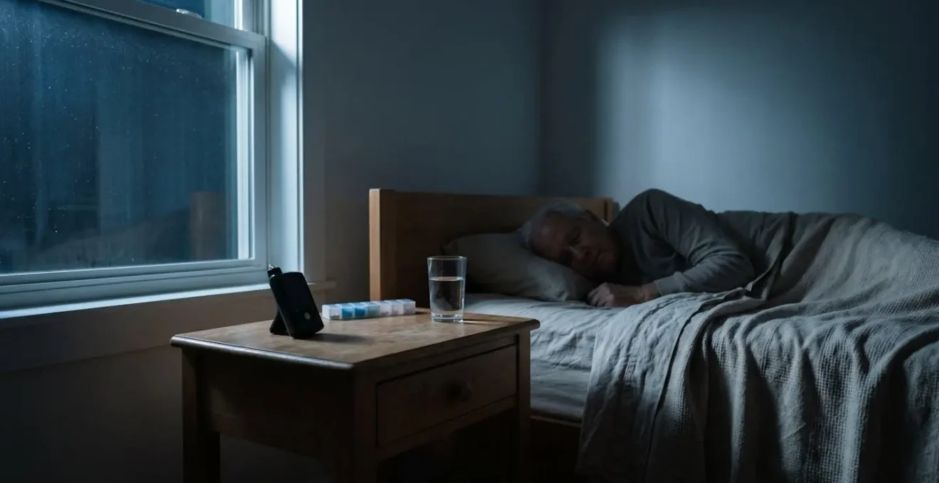 Atmospheric nighttime scene suggesting vulnerability during sleep with subtle health monitoring elements representing nocturnal hypoglycemia risk