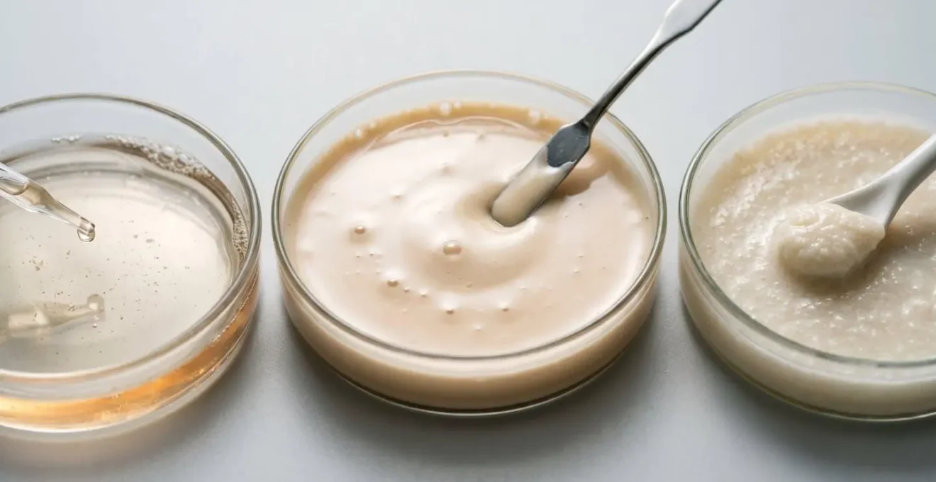Close-up of three different oral nutritional supplement textures showing viscosity differences