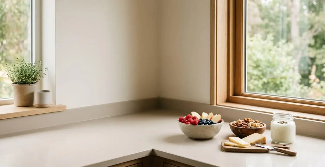 Wide shot of a cozy kitchen corner with healthy snack alternatives arranged naturally on counter with warm natural light