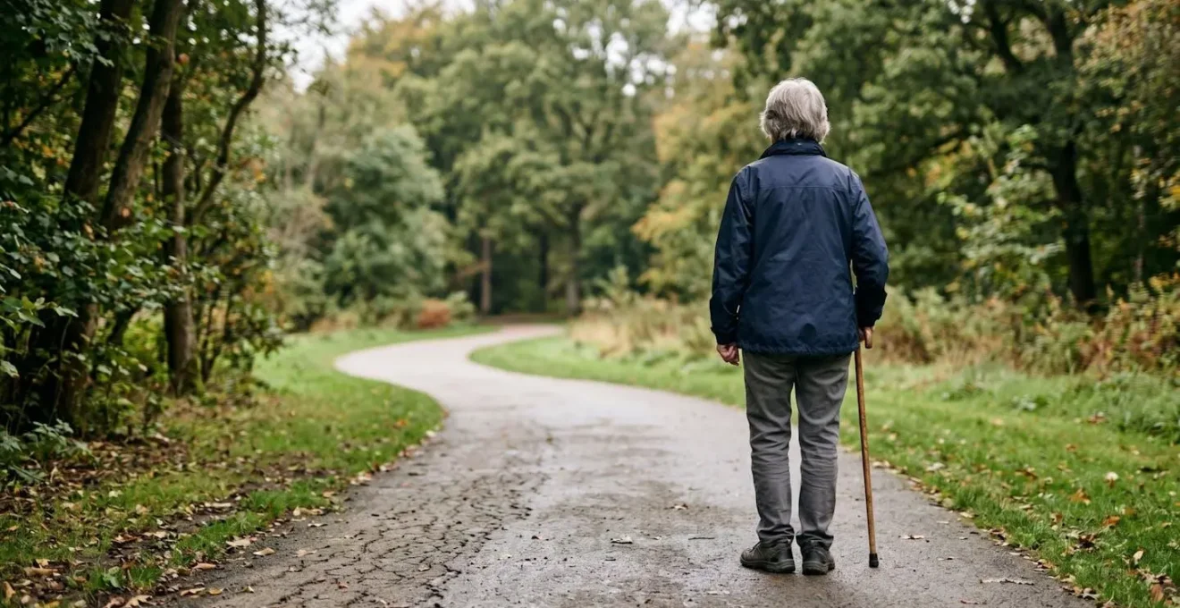 Senior person standing outdoors contemplating mobility aid transition with natural landscape background